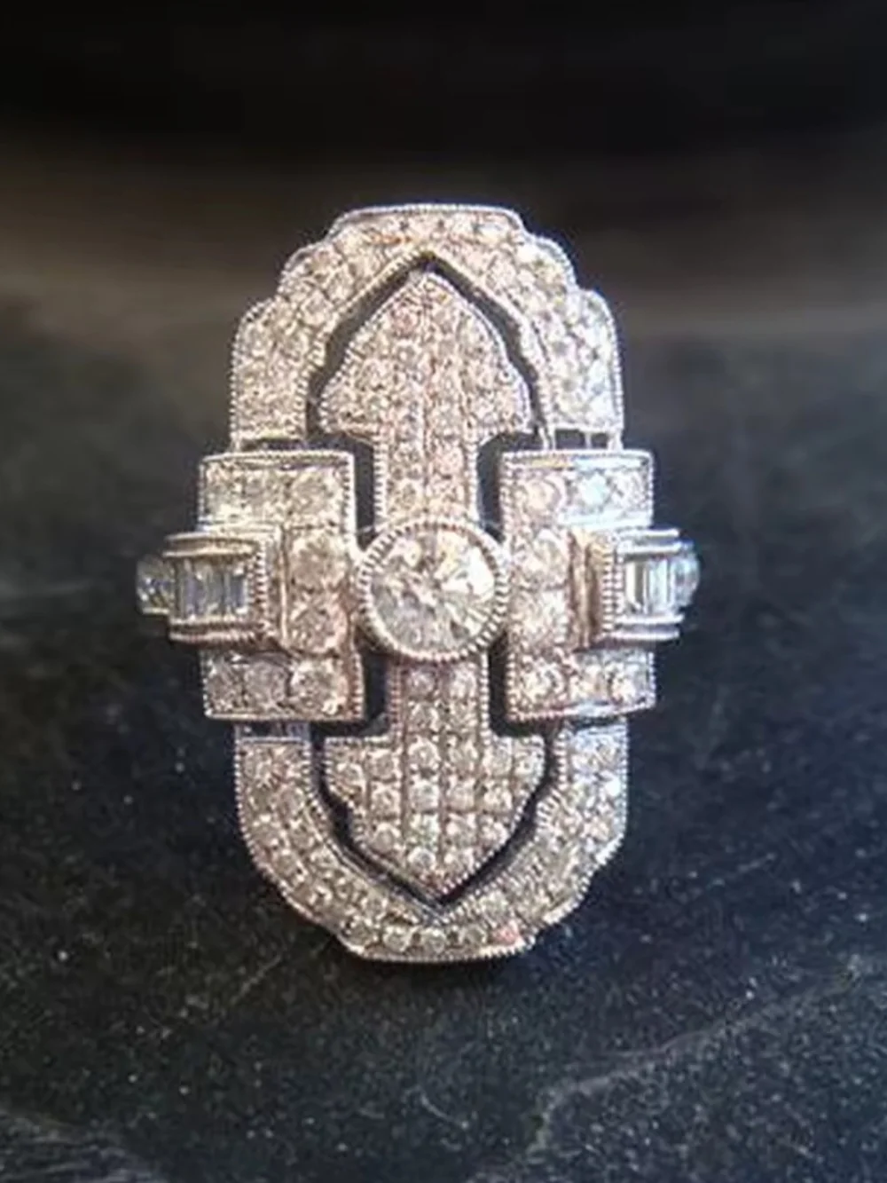 White Rhodium Art Deco Pave Tourmaline Ring